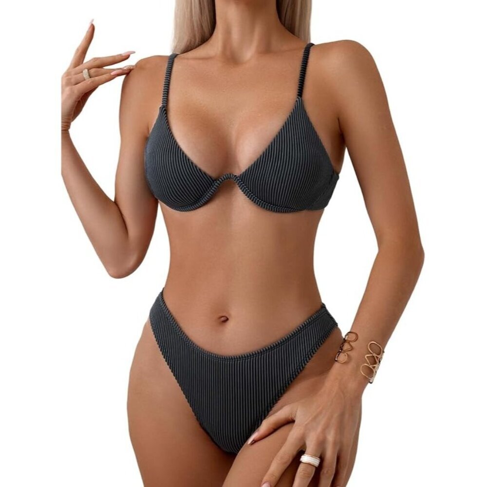 Women's Gray Two-Piece Underwire Thong Triangle Bikini - Size M/L, NWOT